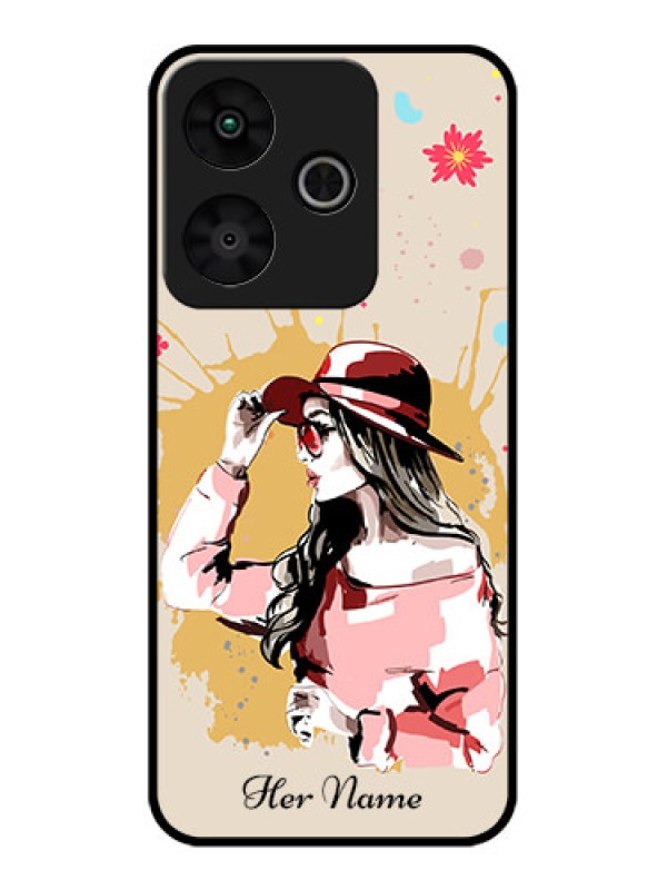 Custom Redmi 13 5G Custom Glass Phone CaseWomen With Pink Hat Design