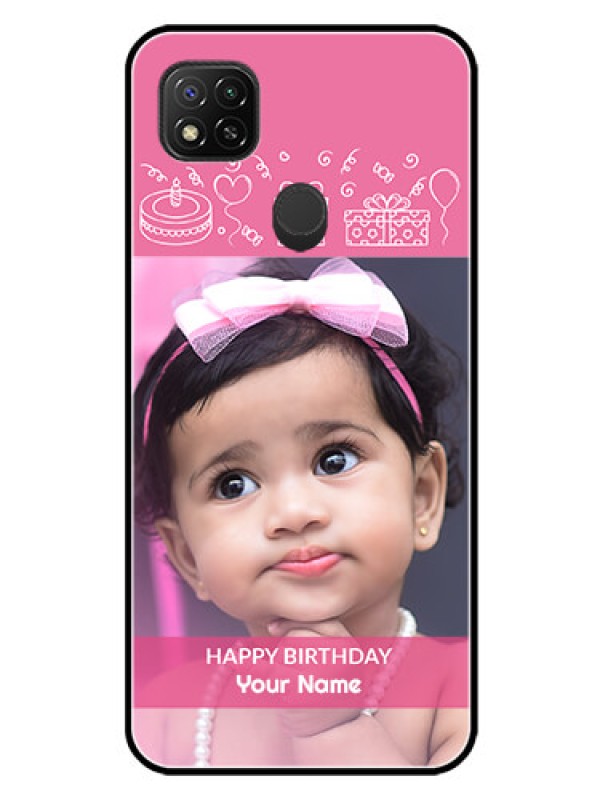 Custom Redmi 9 Activ Photo Printing on Glass Case  - with Birthday Line Art Design