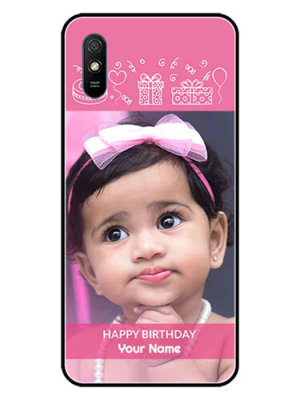 Custom Redmi 9A Sport Photo Printing on Glass Case  - with Birthday Line Art Design