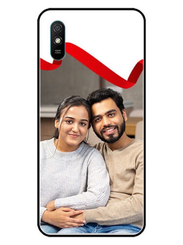 Custom Redmi 9A Sport Photo Printing on Glass Case  - Red Ribbon Frame Design
