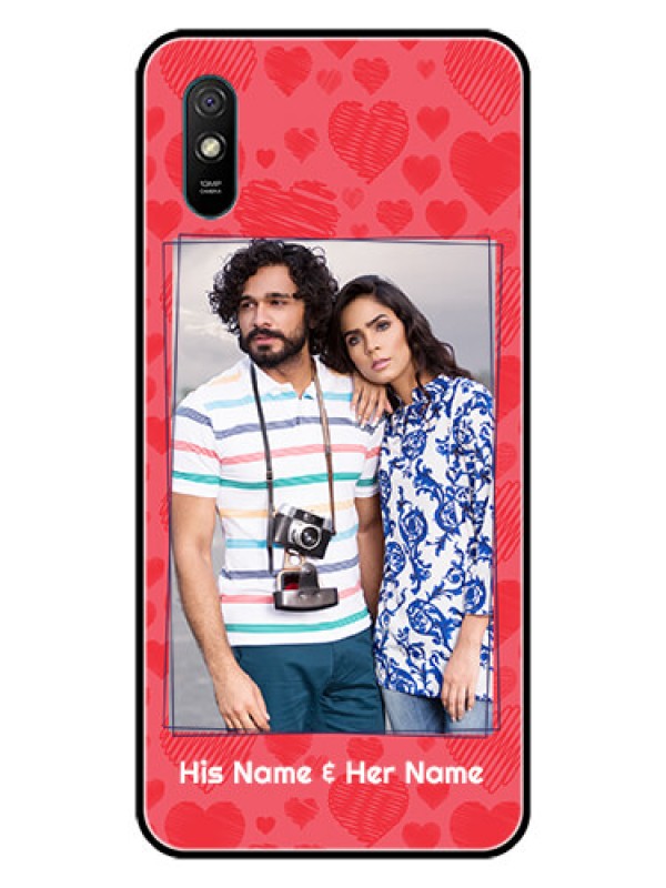 Custom Redmi 9A Sport Photo Printing on Glass Case  - with Red Heart Symbols Design