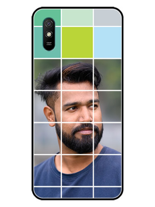 Custom Redmi 9A Photo Printing on Glass Case  - with white box pattern 