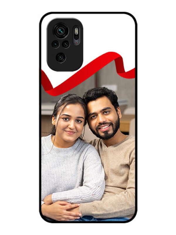 Custom Redmi Note 10s Photo Printing on Glass Case - Red Ribbon Frame Design