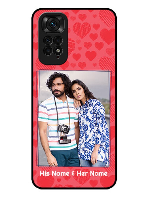Custom Redmi Note 11 Photo Printing on Glass Case - with Red Heart Symbols Design