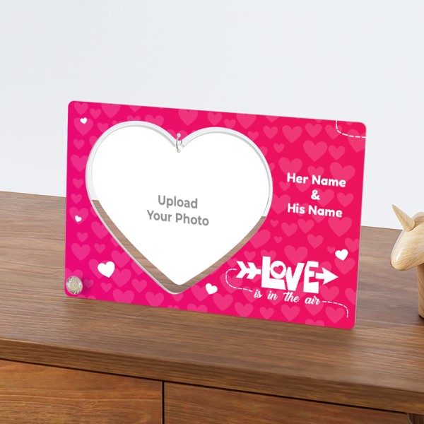 Love Is In The Air Text With Custom Names On Heart Shaped Hanging Photo Stand