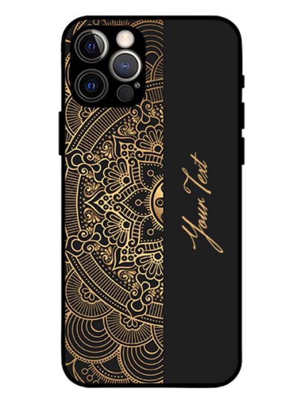 Custom iPhone 12 Pro Custom Metal Phone Case - Mandala Art With Custom Text Design
