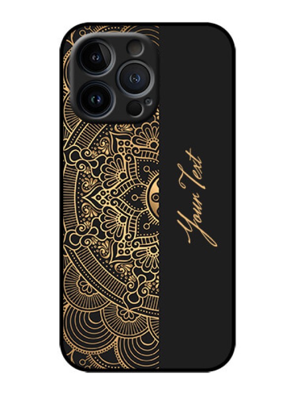 Custom iPhone 13 Pro Custom Metal Phone Case - Mandala Art With Custom Text Design