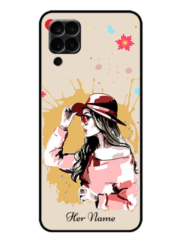 Custom Galaxy M12 Custom Metal Phone Case - Women With Pink Hat Design