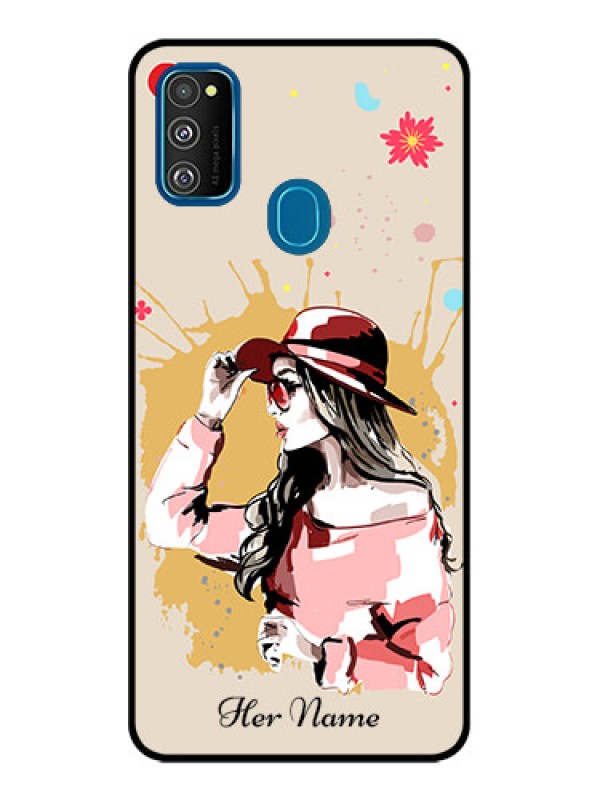 Custom Galaxy M21 Custom Metal Phone Case - Women With Pink Hat Design