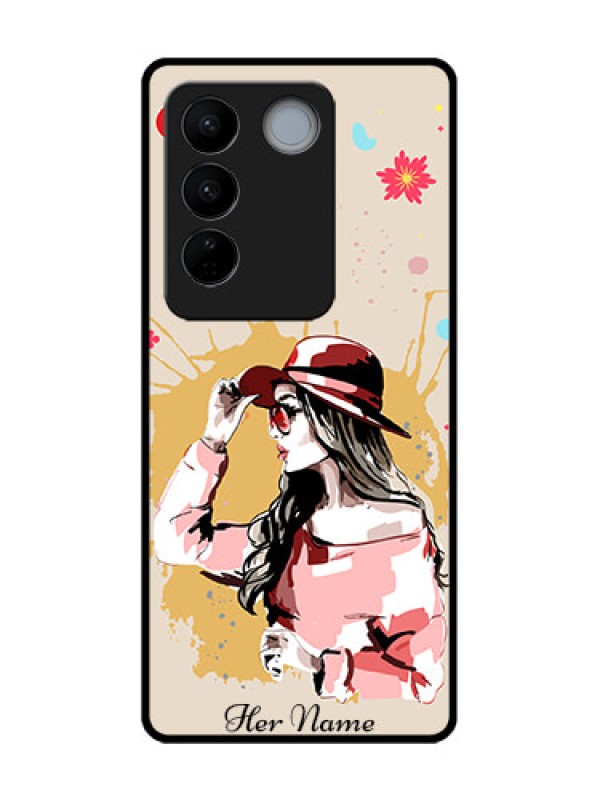 Custom Vivo V27 Custom Metal Phone CaseWomen With Pink Hat Design