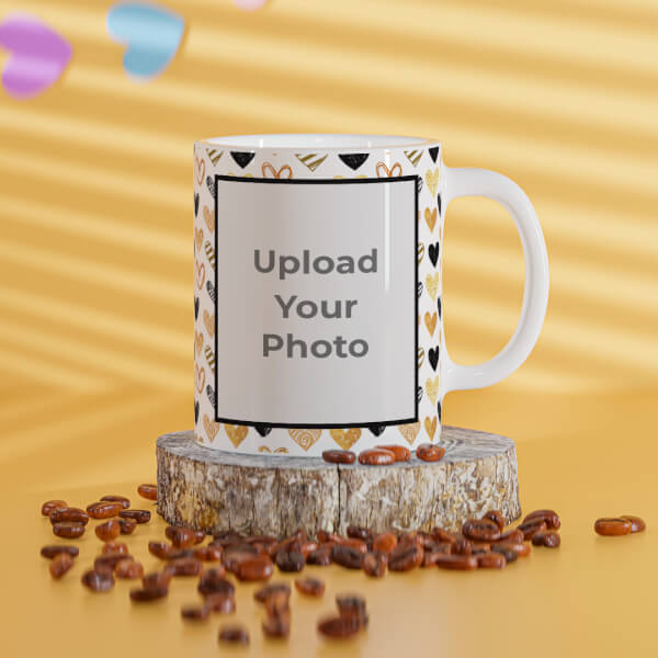 Custom Love Symbols Pattern Background With Couple Of Pic Upload Upload Design On Mug