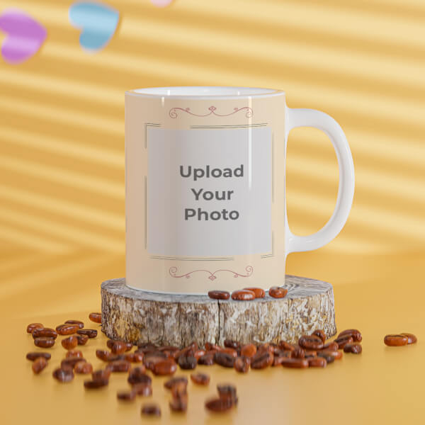 Custom Cream color Floral Ornament Border With 3 Pic Upload Upload Design On Mug