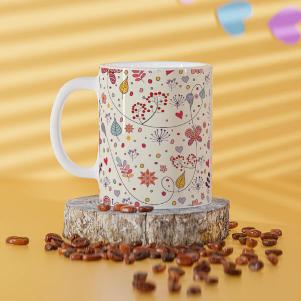 Custom Multiple Trees, Flower & Butterfly?s Pattern Background Design On Mug