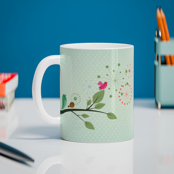 Custom Birds On Tree Branch With Light Green Love Symbols Background Design On Mug