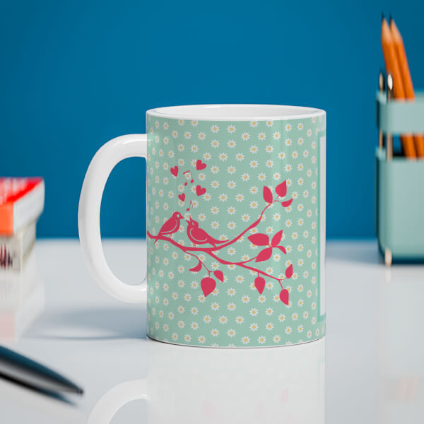 Custom Love Birds Singing On Tree Branch With Sunflower Pattern Background Design On Mug