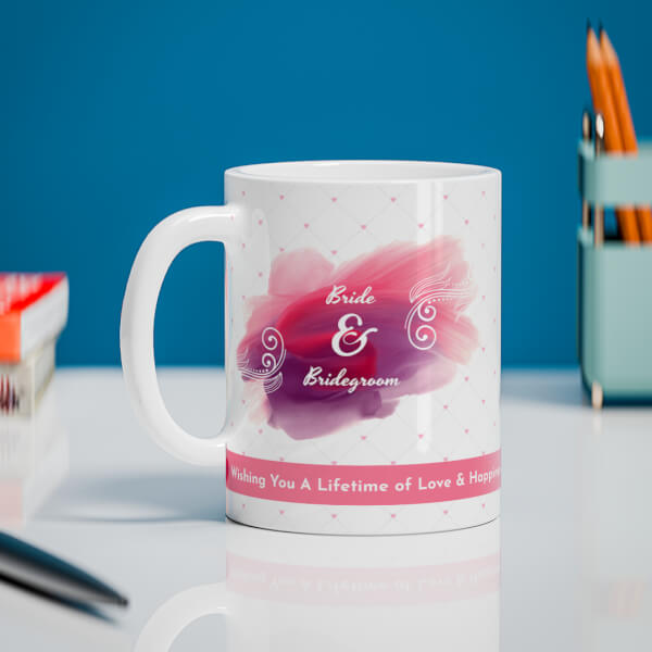 Custom Bride & Bridegroom With Love Shape Pic Upload Design On Mug