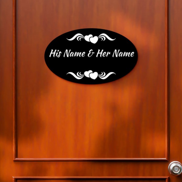 Custom Elliptical Loving Hearts Design Black Color Nameplate