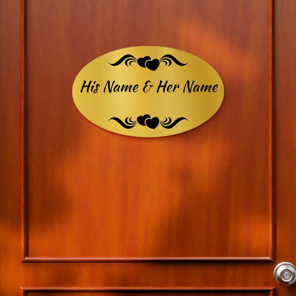 Custom Elliptical Loving Hearts Design Gold Color Nameplate