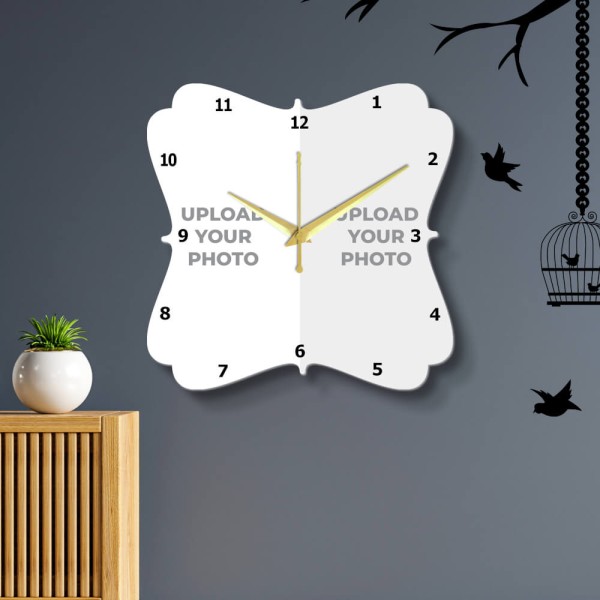 Custom Floral Type Shaped Two Picture Upload Design Photo Wall Clock