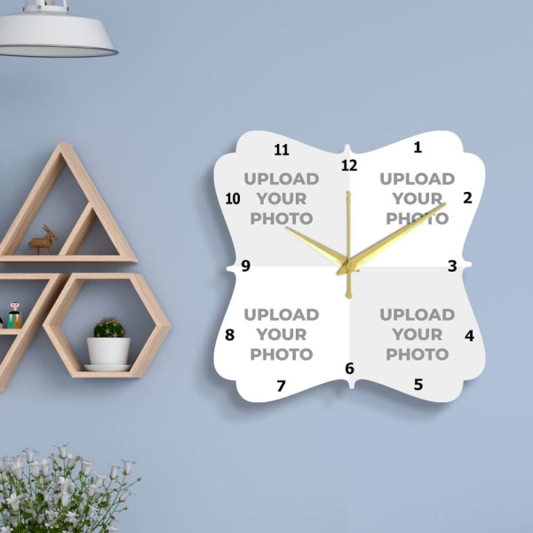 Custom Floral Type Shaped Four Picture Upload Design Photo Wall Clock
