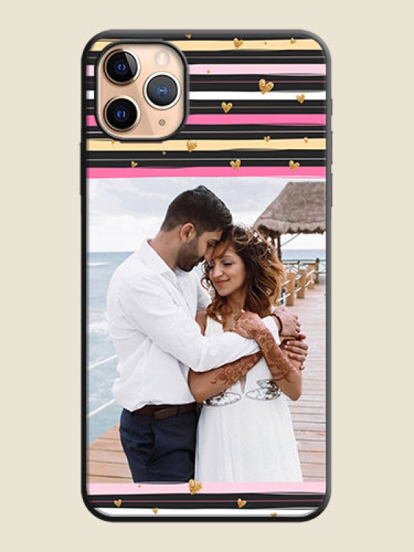 Custom Multicolor Lines and Golden Love Symbols Design - Photo on Space Black Soft Matte Mobile Cover - iPhone 11 Pro Max
