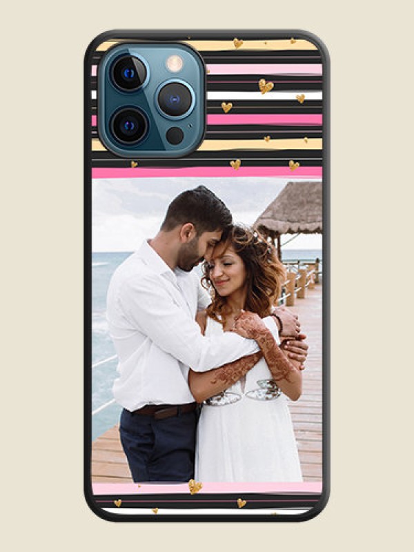 Custom Multicolor Lines and Golden Love Symbols Design on Photo on Space Black Soft Matte Mobile Cover - iPhone 12 Pro Max