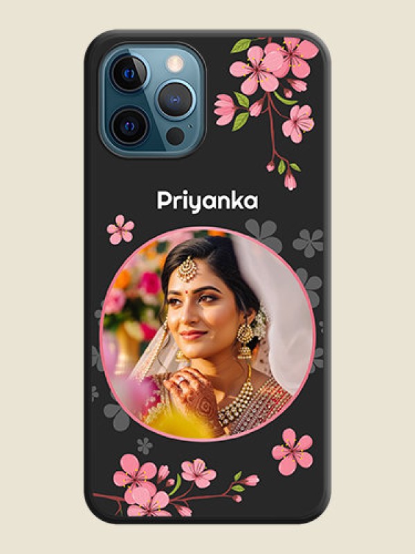 Custom Round Image with Pink Color Floral Design on Photo on Space Black Soft Matte Back Cover - iPhone 12 Pro Max