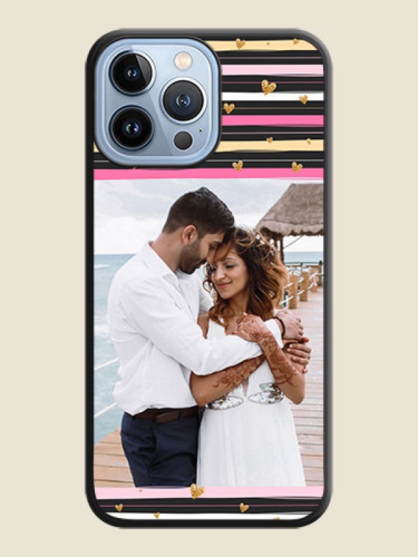 Custom Multicolor Lines and Golden Love Symbols Design on Photo on Space Black Soft Matte Mobile Cover - iPhone 13 Pro Max