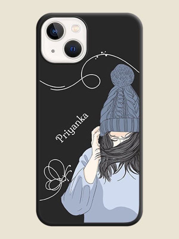 Custom Girl With Blue Winter Outfiit Custom Text Design On Space Black Personalized Soft Matte Phone Covers -Apple Iphone 14 Plus