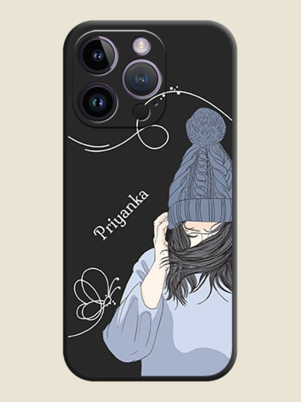 Custom Girl With Blue Winter Outfiit Custom Text Design On Space Black Personalized Soft Matte Phone Covers -Apple Iphone 14 Pro