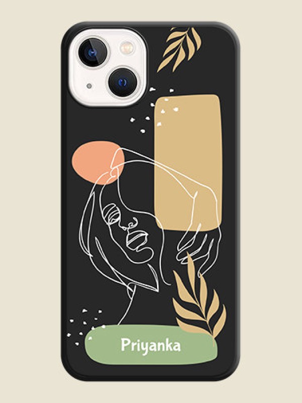 Custom Custom Text With Line Art Of Women & Leaves Design On Space Black Personalized Soft Matte Phone Covers -Apple Iphone 14