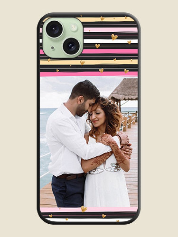 Custom Multicolor Lines and Golden Love Symbols Design - Photo on Space Black Soft Matte Mobile Cover - iPhone 15 Plus