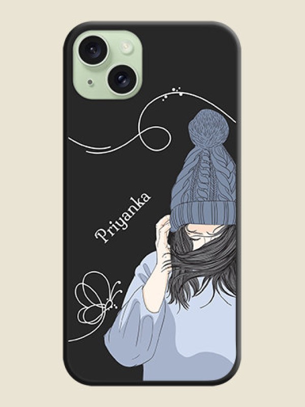 Custom Girl With Blue Winter Outfiit Custom Text Design On Space Black Personalized Soft Matte Phone Covers - iPhone 15 Plus