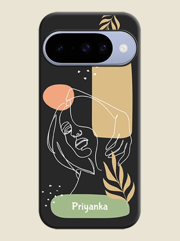 Custom Custom Text With Line Art Of Women & Leaves Design On Space Black Custom Soft Matte Mobile Back Cover - Google Pixel 10 5G