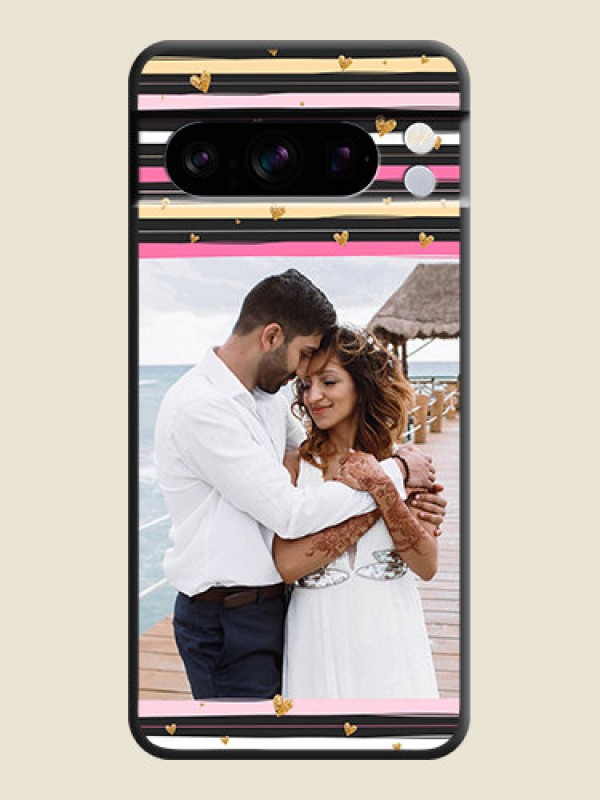 Custom Multicolor Lines and Golden Love Symbols Design on Photo On Space Black Custom Soft Matte Mobile Back Cover - Pixel 8 Pro 5G