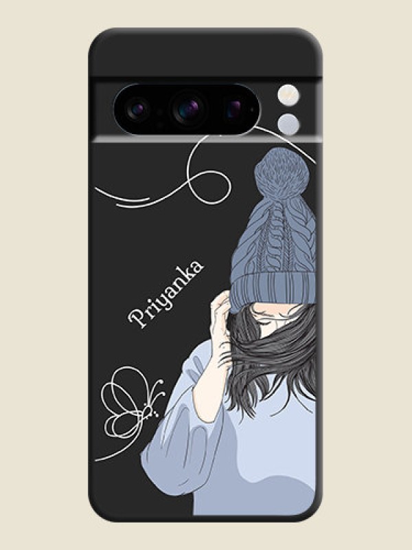 Custom Girl With Blue Winter Outfiit Custom Text Design On Space Black Custom Soft Matte Mobile Back Cover - Pixel 8 Pro 5G