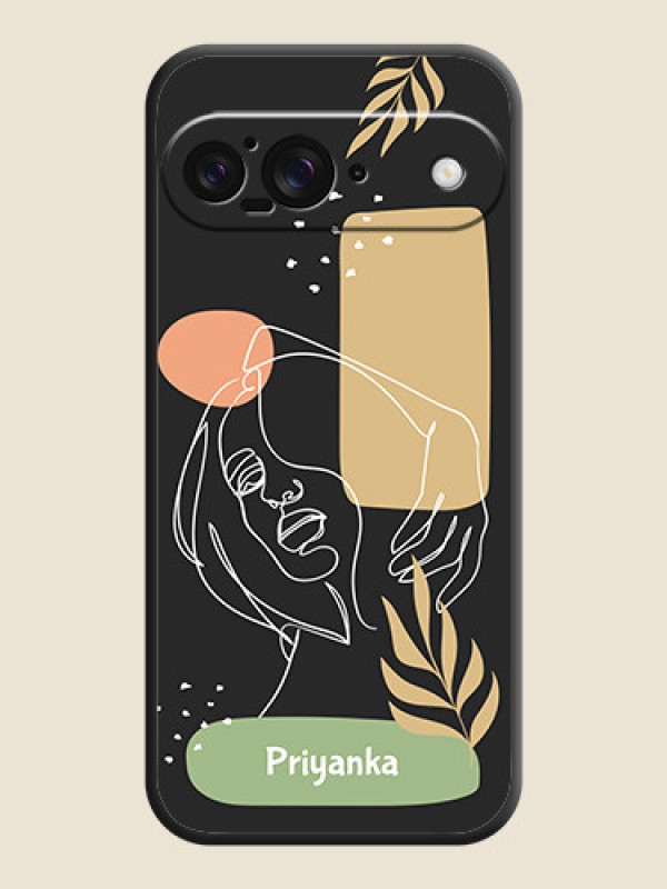 Custom Custom Text With Line Art Of Women & Leaves Design On Space Black Custom Soft Matte Mobile Back Cover - Google Pixel 9 5G