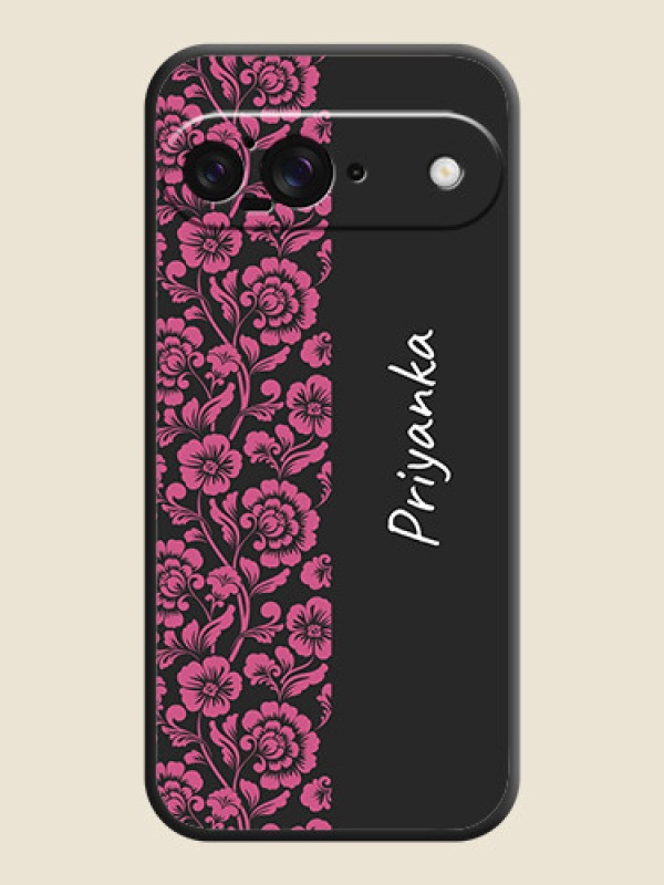 Custom Pink Floral Pattern Design With Custom Text On Space Black Custom Soft Matte Mobile Back Cover - Google Pixel 9 5G