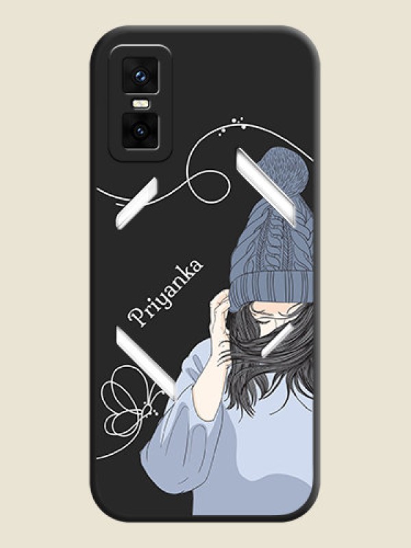 Custom Girl With Blue Winter Outfiit Custom Text Design On Space Black Custom Soft Matte Mobile Back Cover - Infinix GT 30 Pro 5G