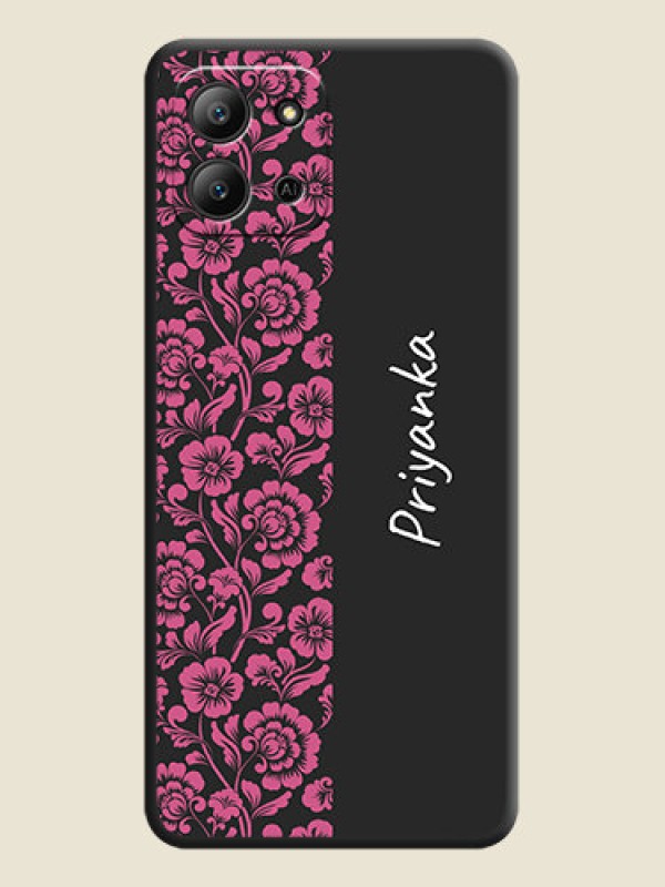 Custom Pink Floral Pattern Design With Custom Text On Space Black Custom Soft Matte Mobile Back Cover - Infinix Hot 11 2022