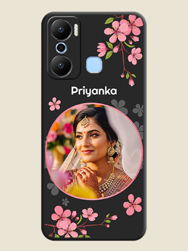 Custom Round Image with Pink Color Floral Design - Photo on Space Black Soft Matte Back Cover - Infinix Hot 20 Play