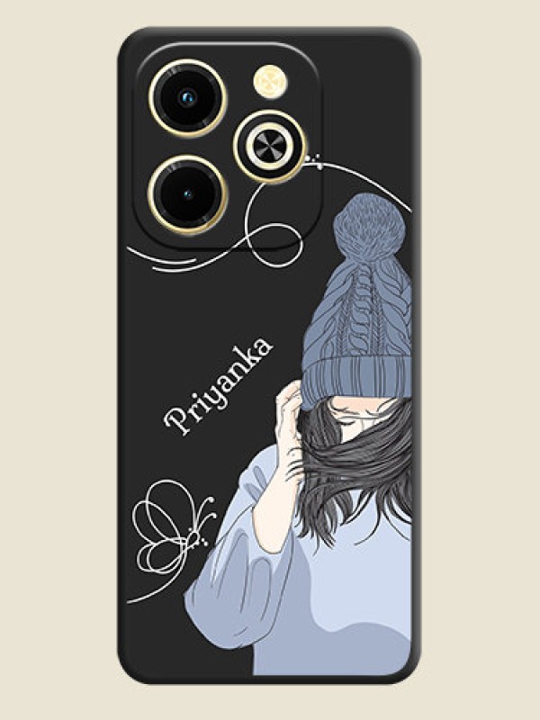Custom Girl With Blue Winter Outfiit Custom Text Design On Space Black Custom Soft Matte Mobile Back Cover - Infinix Hot 40i