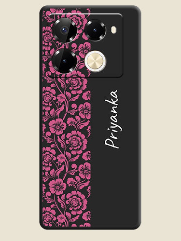 Custom Pink Floral Pattern Design With Custom Text On Space Black Custom Soft Matte Mobile Back Cover - Infinix Note 40 Pro Plus 5G