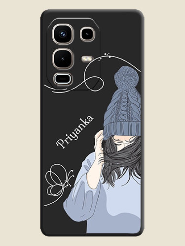 Custom Girl With Blue Winter Outfiit Custom Text Design On Space Black Custom Soft Matte Mobile Back Cover - Infinix Note 50s 5G
