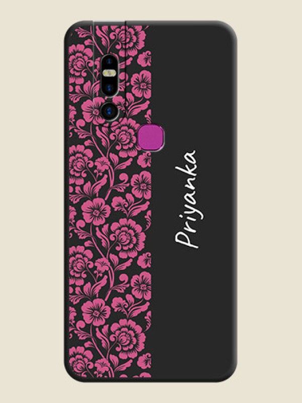 Custom Pink Floral Pattern Design With Custom Text On Space Black Personalized Soft Matte Phone Covers - Infinix S5 Pro