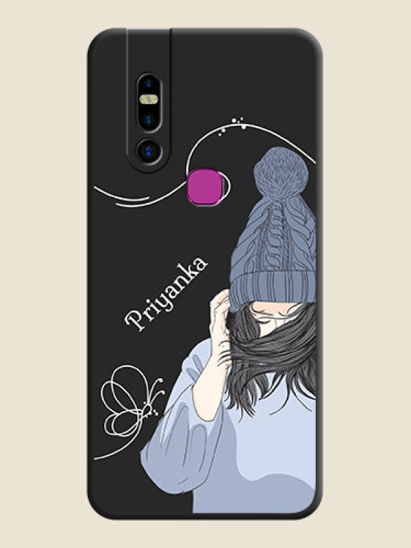 Custom Girl With Blue Winter Outfiit Custom Text Design On Space Black Personalized Soft Matte Phone Covers - Infinix S5 Pro