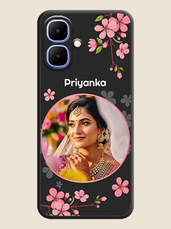 Custom Round Image with Pink Color Floral Design on Photo On Space Black Custom Soft Matte Mobile Back Cover - Infinix Smart 10