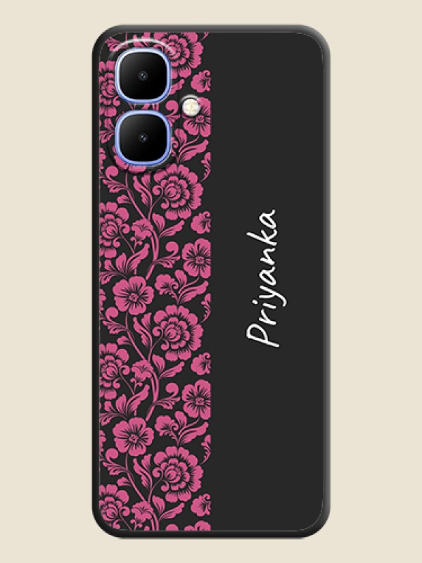 Custom Pink Floral Pattern Design With Custom Text On Space Black Custom Soft Matte Mobile Back Cover - Infinix Smart 10