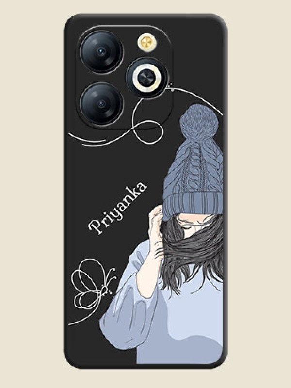 Custom Girl With Blue Winter Outfiit Custom Text Design On Space Black Custom Soft Matte Mobile Back Cover - Smart 8 HD