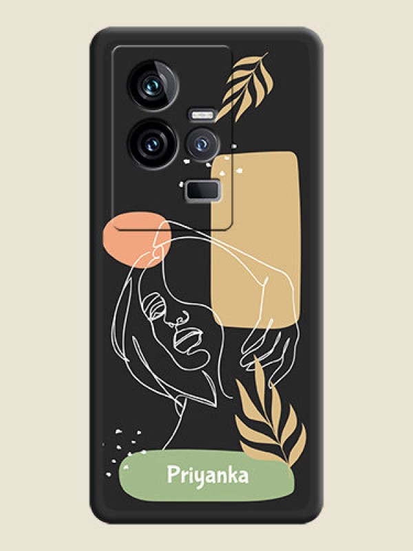 Custom Custom Text With Line Art Of Women & Leaves Design On Space Black Personalized Soft Matte Phone Covers -iQOO 11 5G